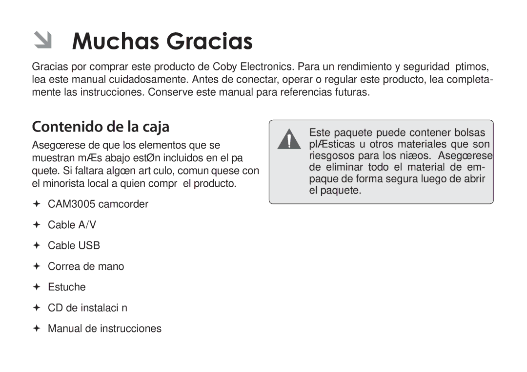 COBY electronic CAM3005 instruction manual ÂÂ Muchas Gracias, Contenido de la caja 