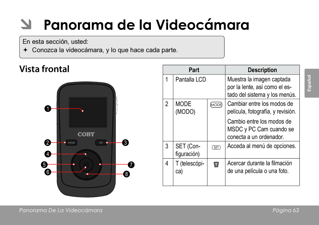 COBY electronic CAM3005 instruction manual ÂÂ Panorama de la Videocámara, Vista frontal 