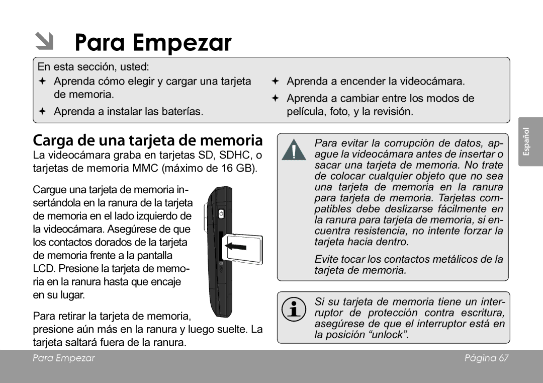 COBY electronic CAM3005 instruction manual ÂÂ Para Empezar, Carga de una tarjeta de memoria 