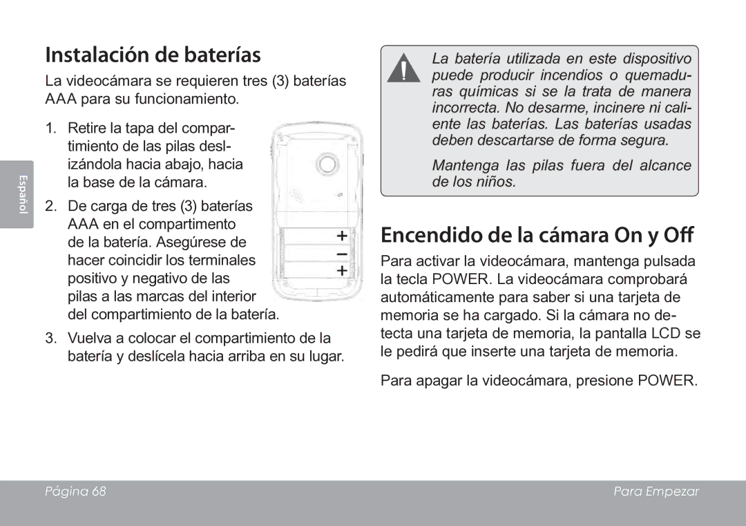 COBY electronic CAM3005 instruction manual Instalación de baterías, Encendido de la cámara On y Off 