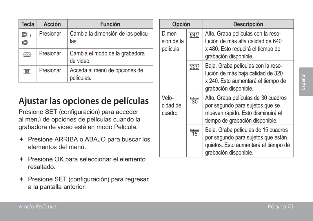 COBY electronic CAM3005 instruction manual Ajustar las opciones de películas, Opción Descripción 