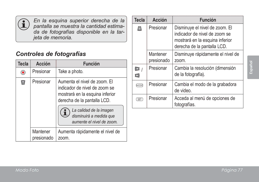 COBY electronic CAM3005 instruction manual Controles de fotografías 