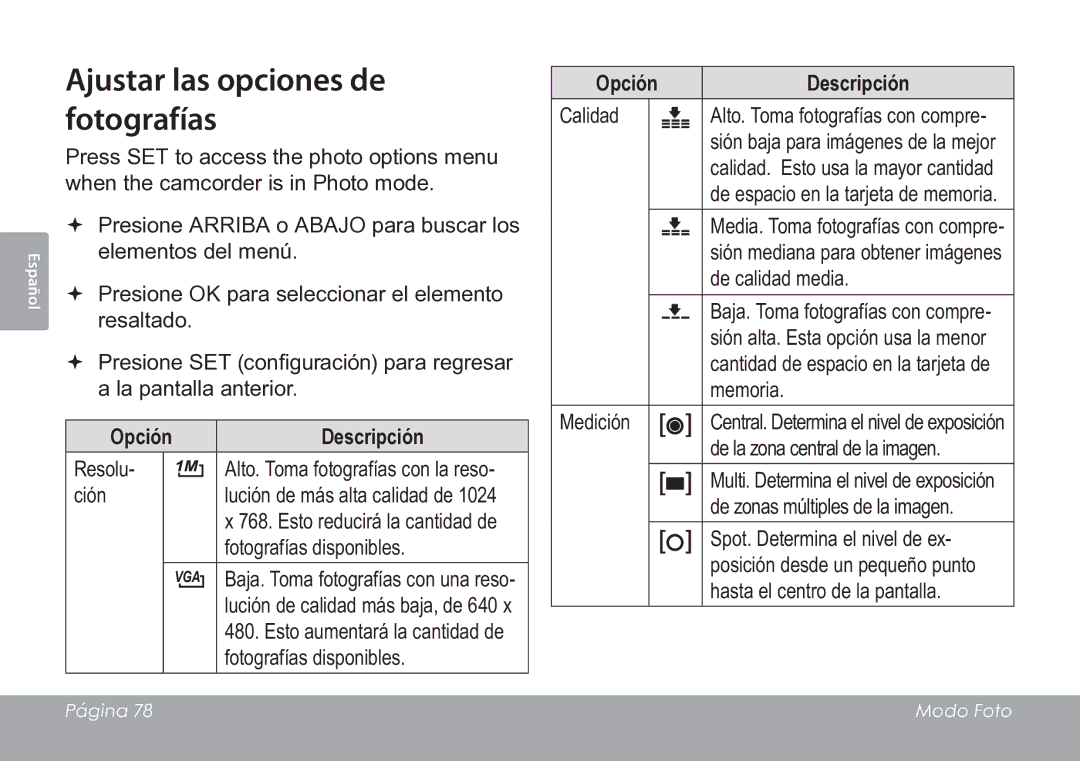 COBY electronic CAM3005 instruction manual Ajustar las opciones de fotografías, Opción Descripción 