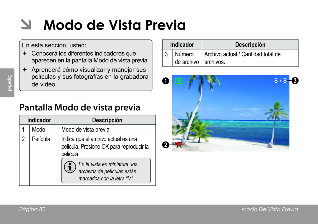 COBY electronic CAM3005 instruction manual ÂÂ Modo de Vista Previa, Pantalla Modo de vista previa 