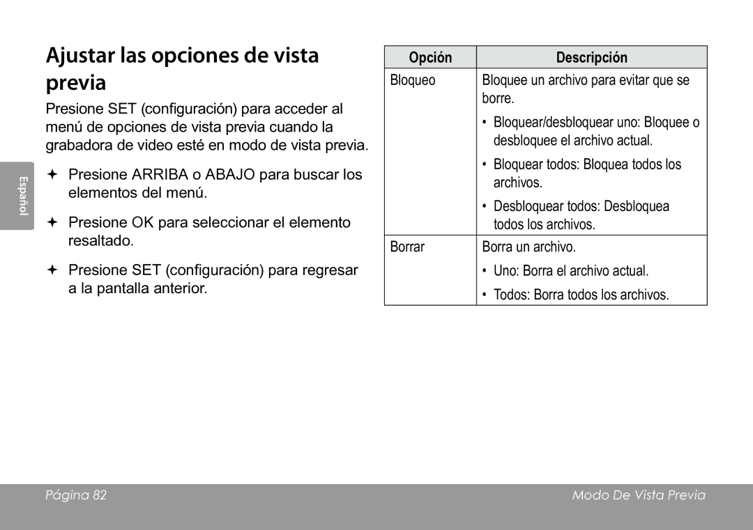 COBY electronic CAM3005 instruction manual Ajustar las opciones de vista previa, Opción Descripción 