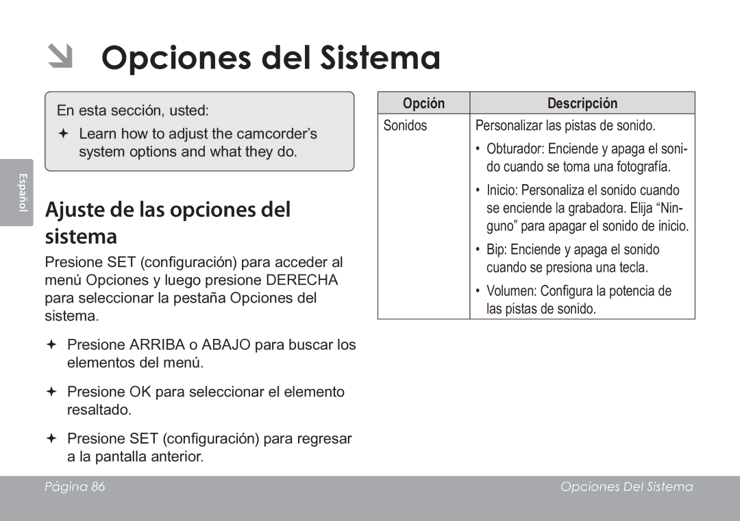 COBY electronic CAM3005 instruction manual ÂÂ Opciones del Sistema, Ajuste de las opciones del sistema 