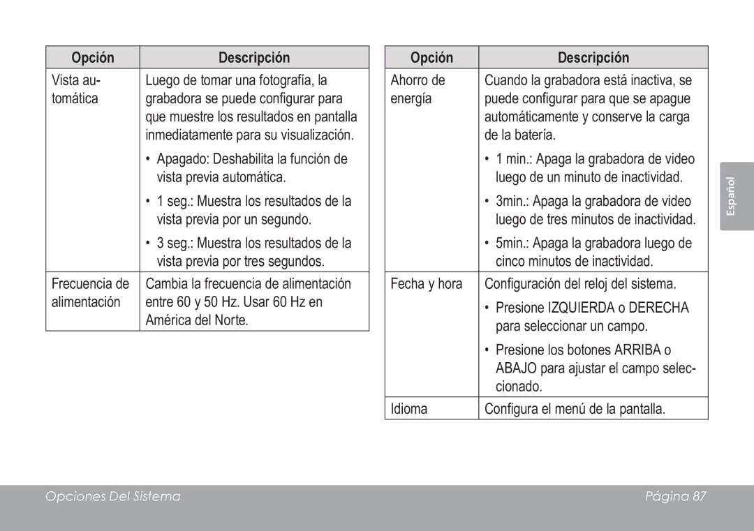 COBY electronic CAM3005 instruction manual Opciones Del Sistema Página 