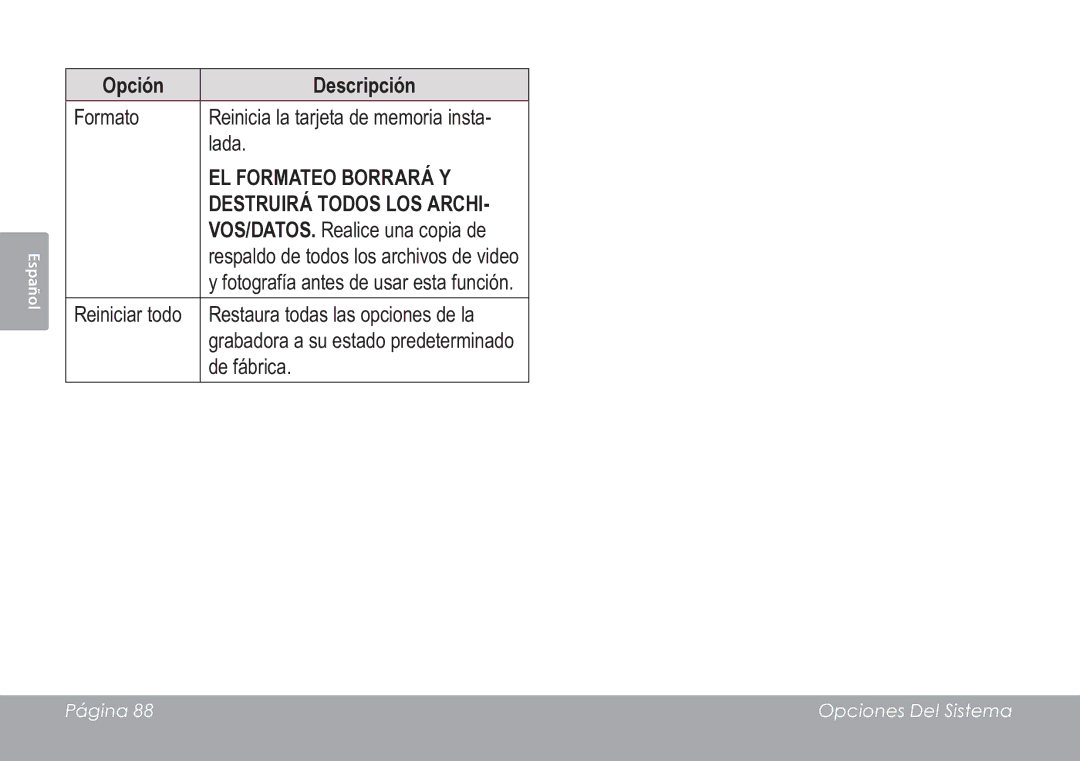 COBY electronic CAM3005 instruction manual EL Formateo Borrará Y 