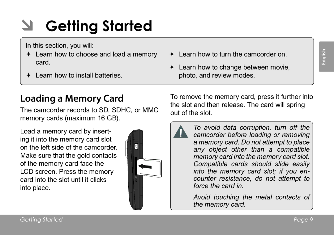 COBY electronic CAM3005 instruction manual ÂÂ Getting Started, Loading a Memory Card 