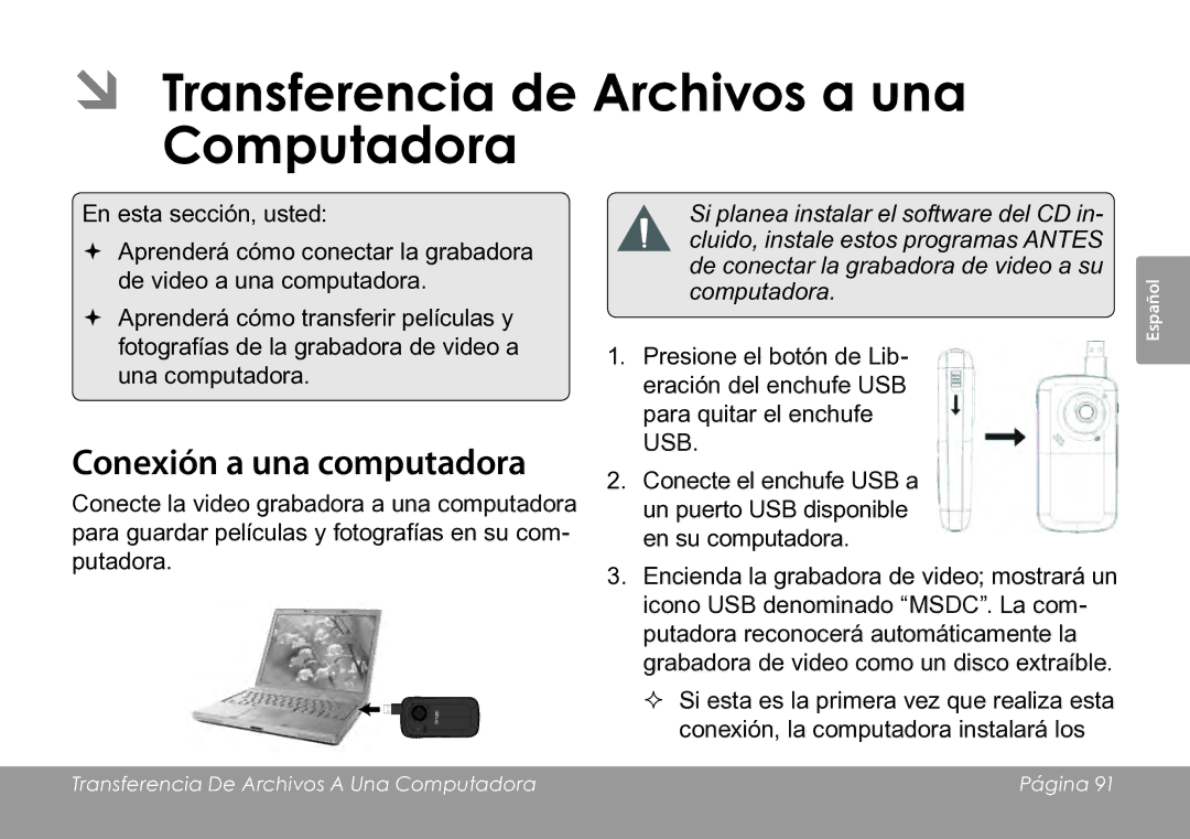 COBY electronic CAM3005 instruction manual ÂÂ Transferencia de Archivos a una Computadora, Conexión a una computadora 