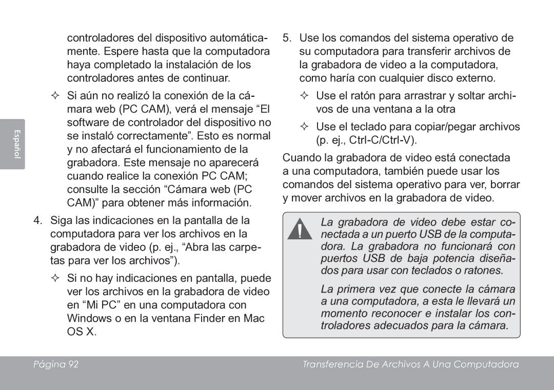 COBY electronic CAM3005 instruction manual Página Transferencia De Archivos a Una Computadora 