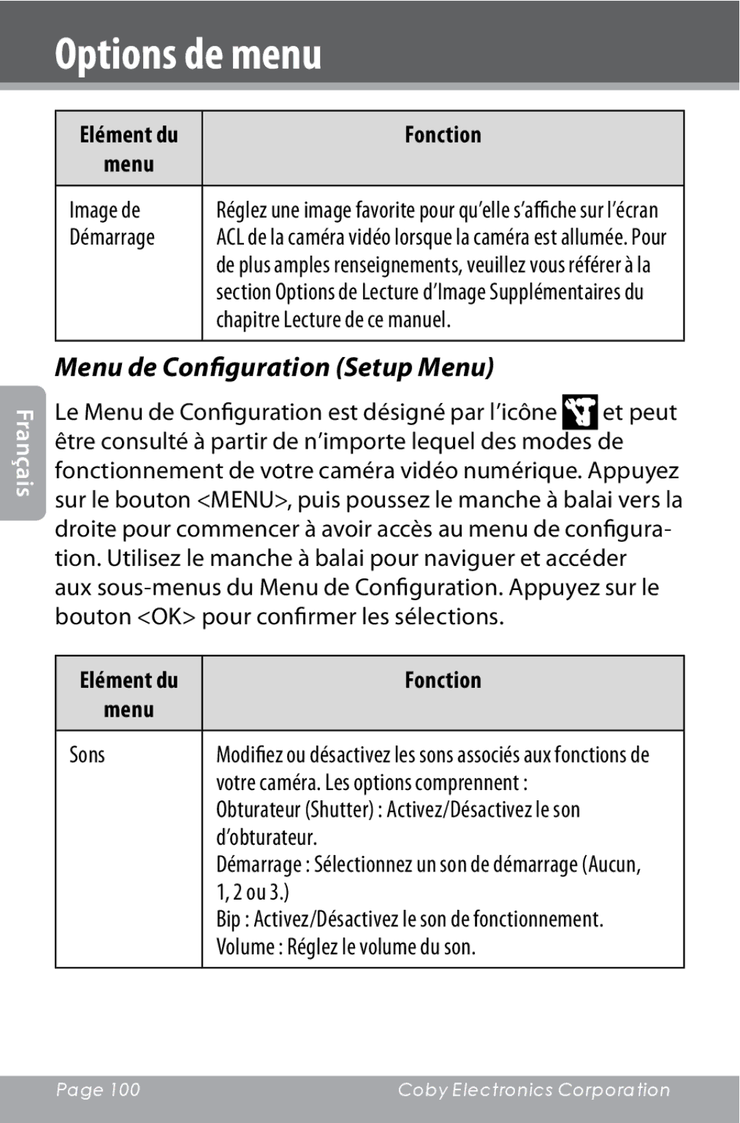 COBY electronic CAM4000 instruction manual Menu de Configuration Setup Menu, Fonction Menu 