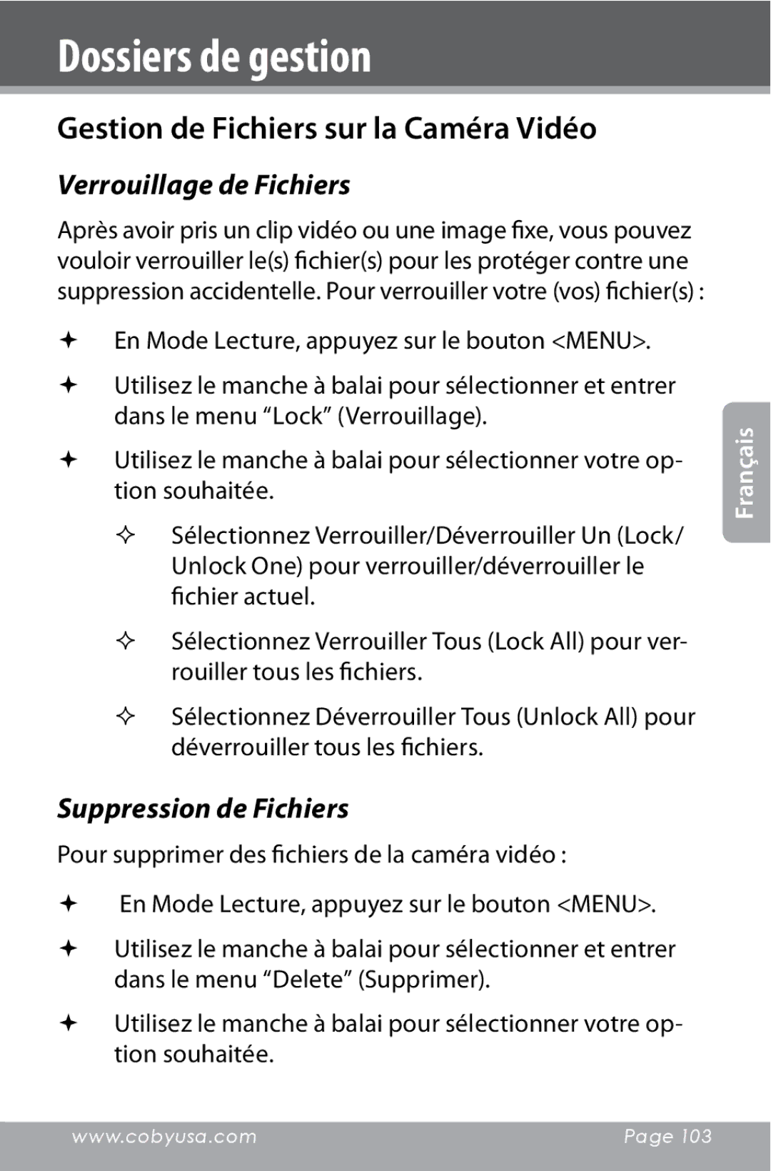 COBY electronic CAM4000 Dossiers de gestion, Gestion de Fichiers sur la Caméra Vidéo, Verrouillage de Fichiers 