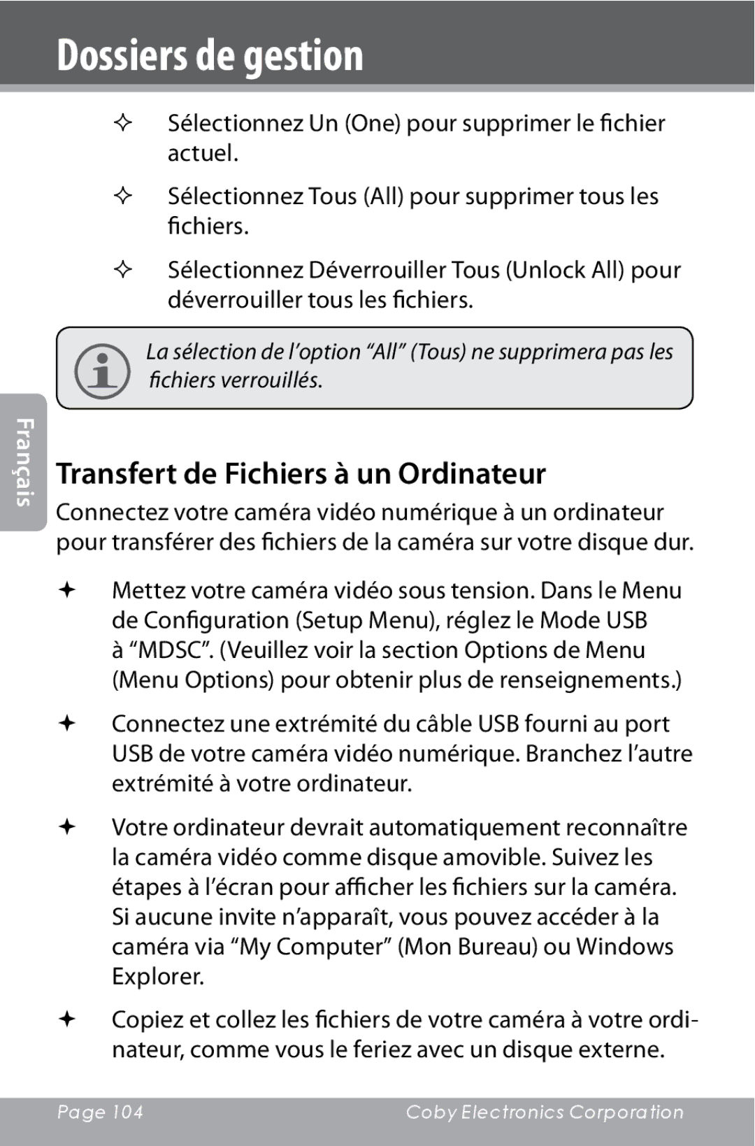 COBY electronic CAM4000 instruction manual Transfert de Fichiers à un Ordinateur 