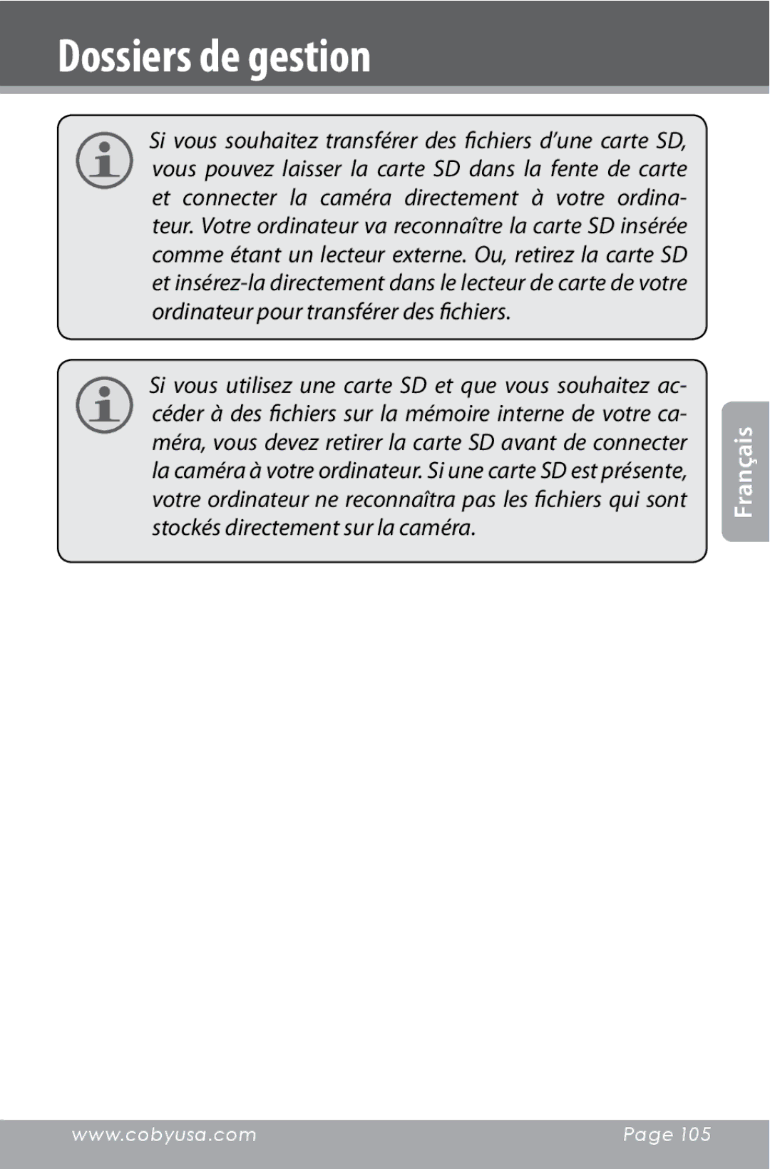 COBY electronic CAM4000 instruction manual Dossiers de gestion 