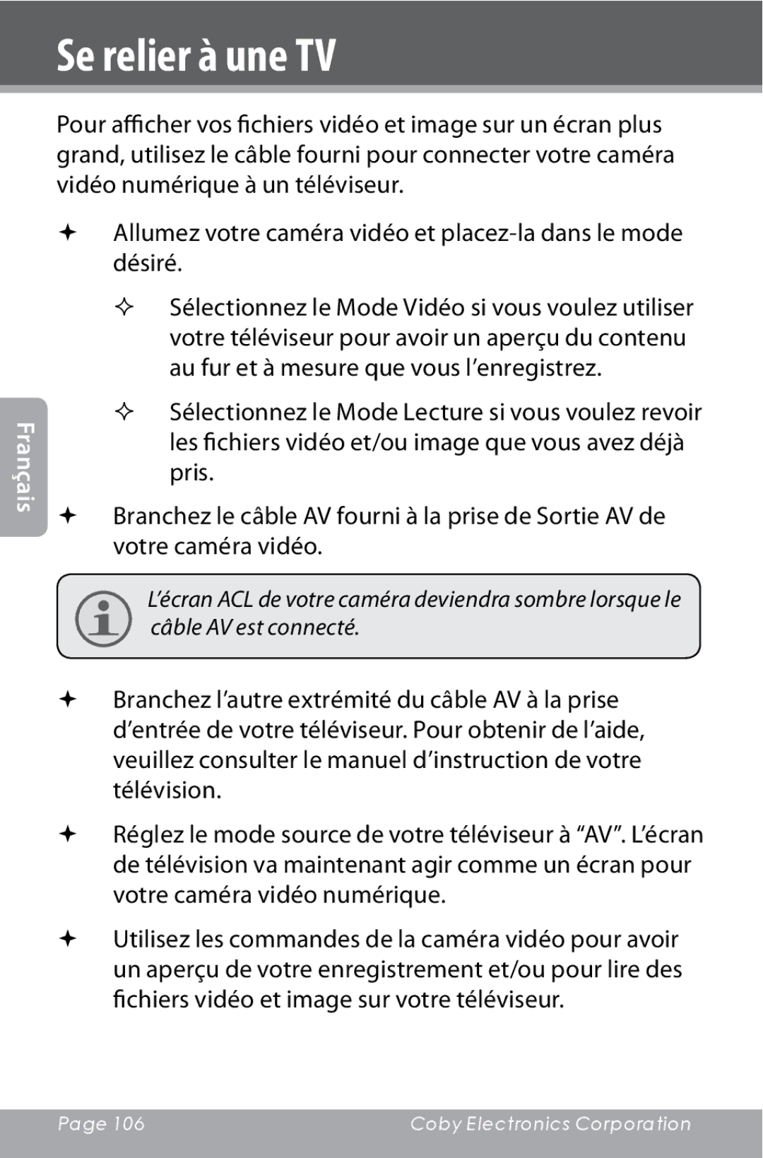 COBY electronic CAM4000 instruction manual Se relier à une TV 