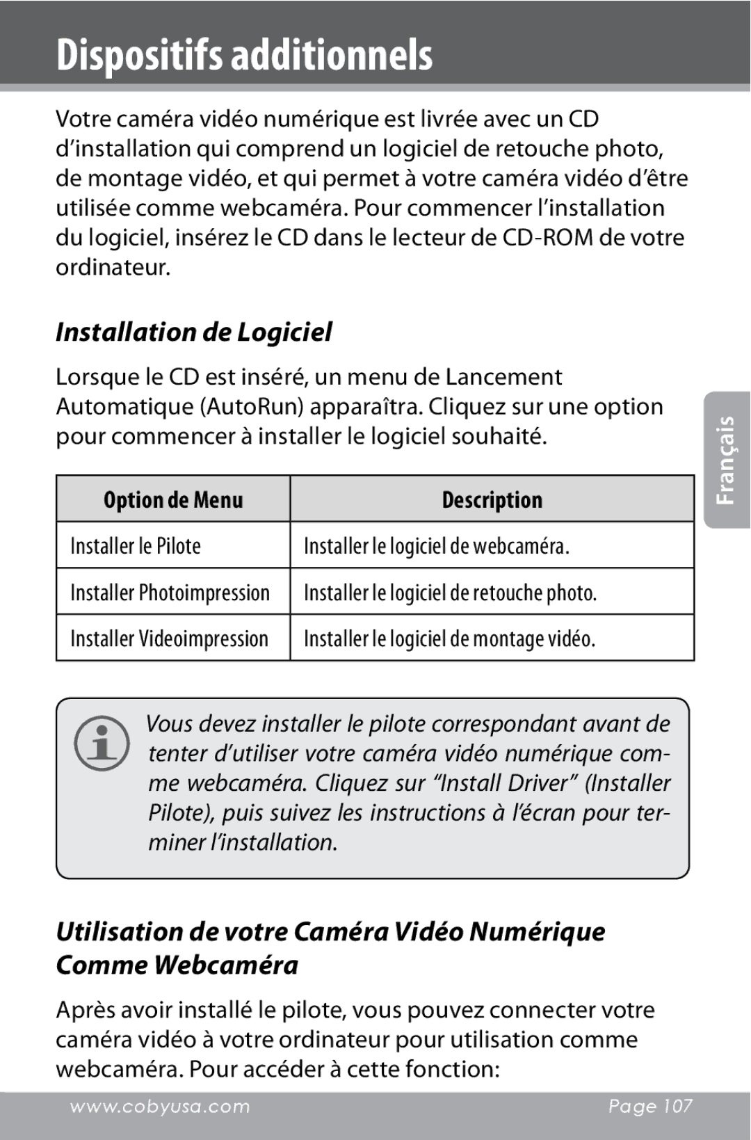 COBY electronic CAM4000 instruction manual Dispositifs additionnels, Installation de Logiciel 