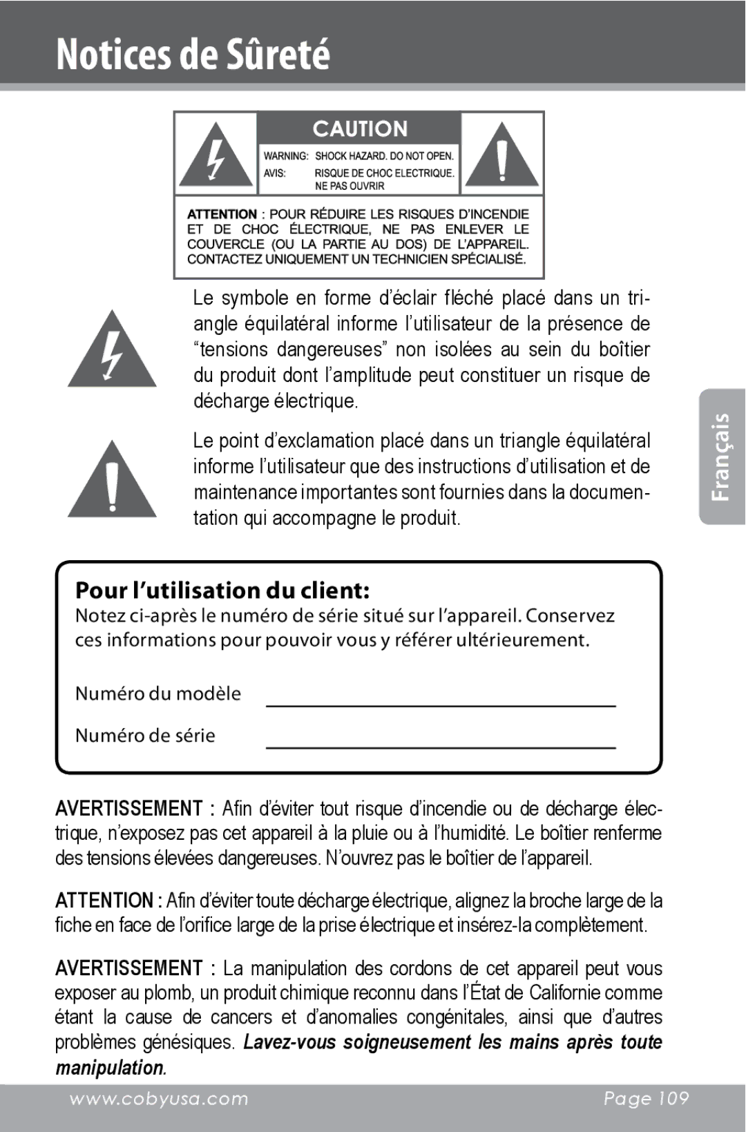 COBY electronic CAM4000 instruction manual Pour l’utilisation du client 