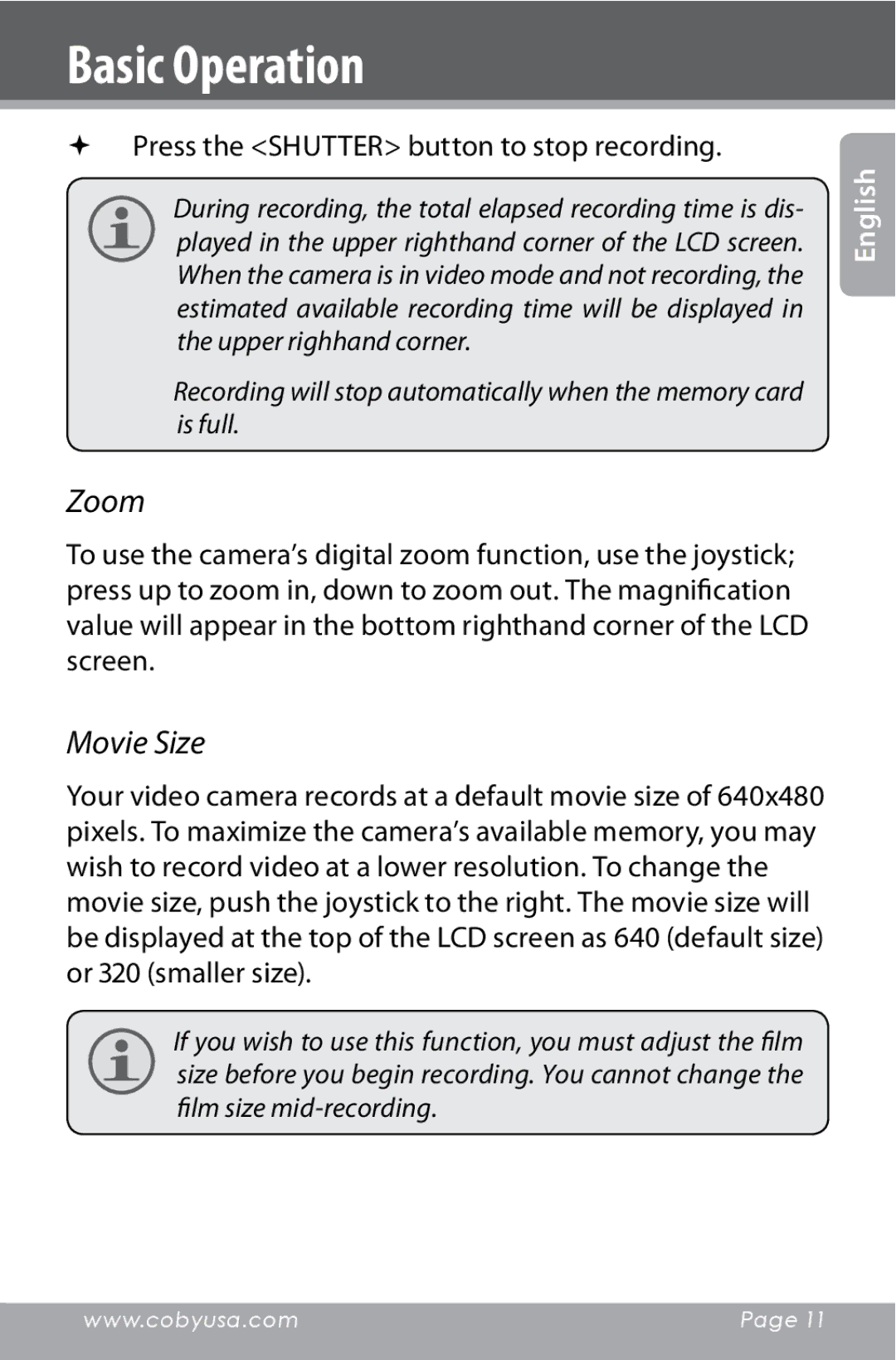 COBY electronic CAM4000 instruction manual Zoom, Movie Size,  Press the Shutter button to stop recording 