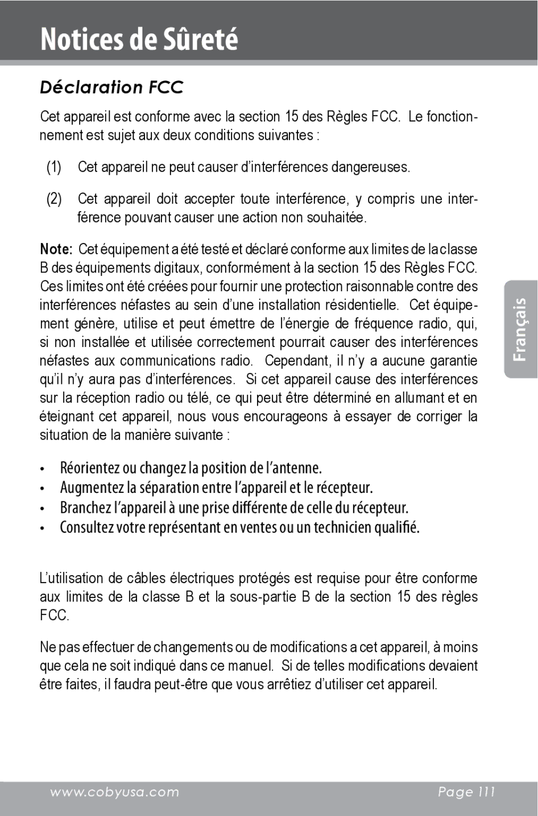 COBY electronic CAM4000 instruction manual Déclaration FCC 