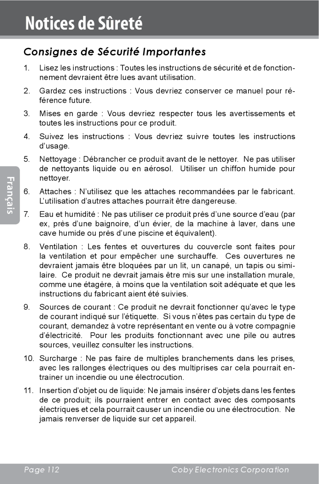 COBY electronic CAM4000 instruction manual Consignes de Sécurité Importantes 