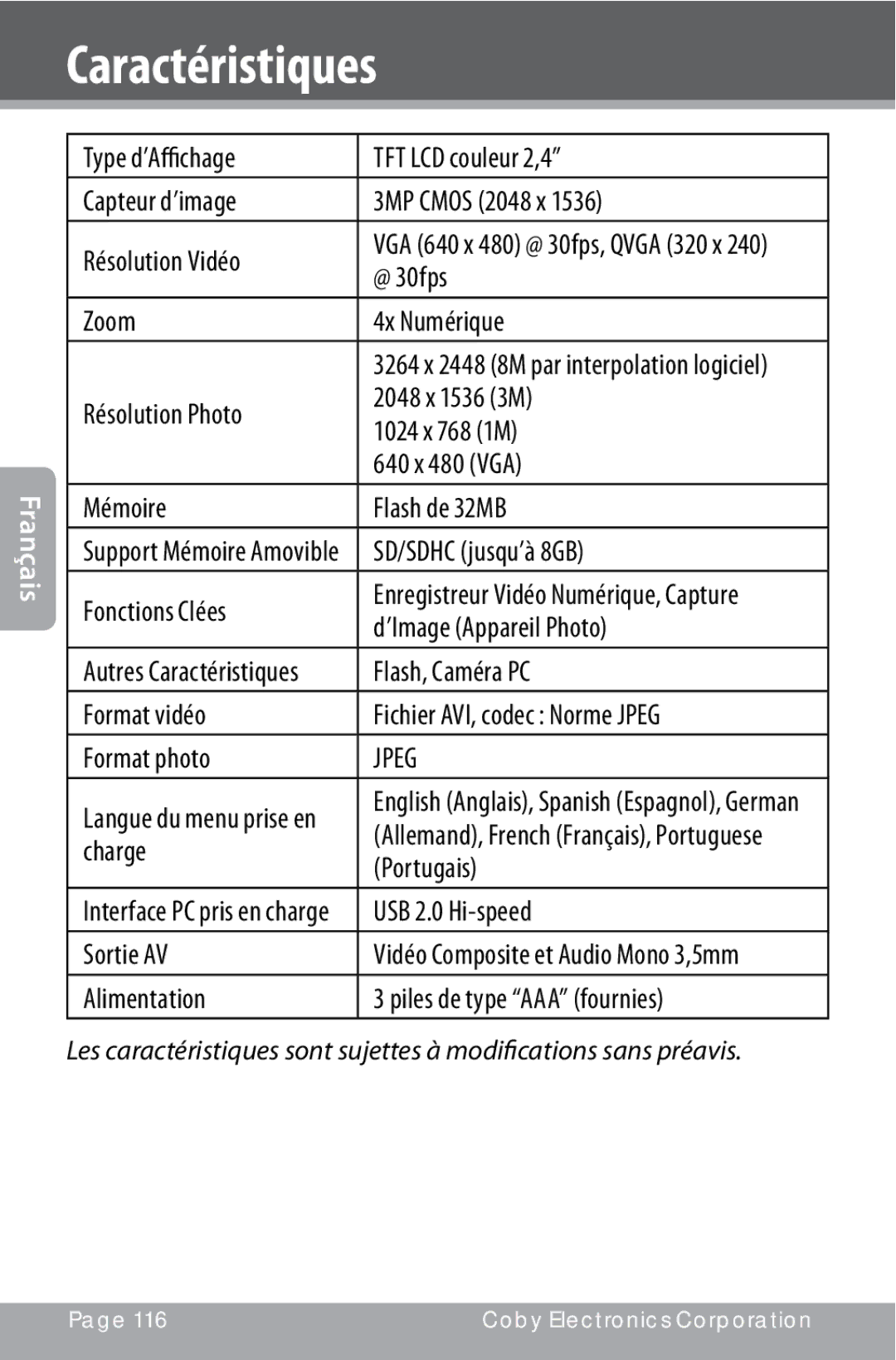 COBY electronic CAM4000 instruction manual Caractéristiques 