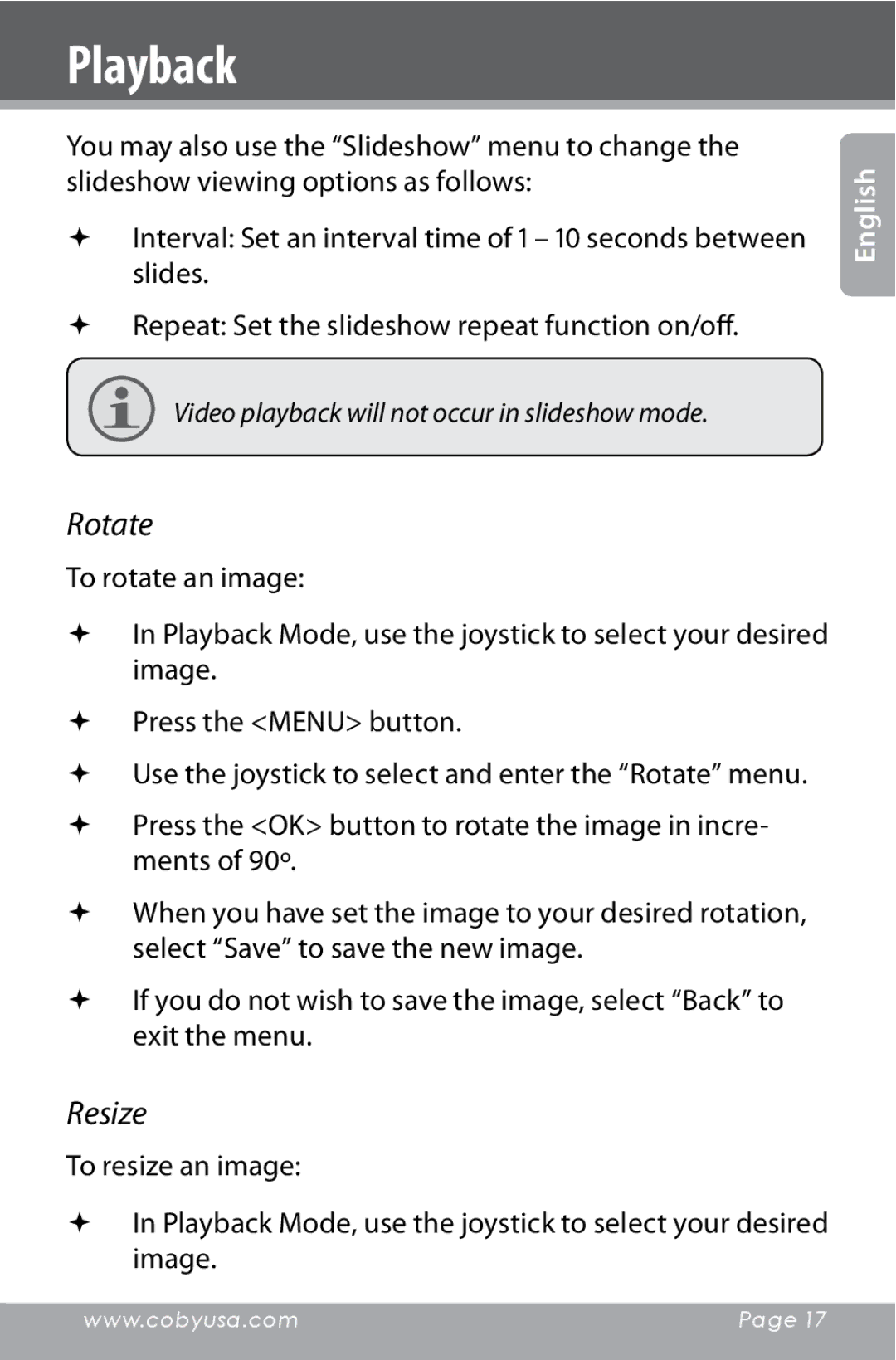 COBY electronic CAM4000 instruction manual Rotate, Resize 