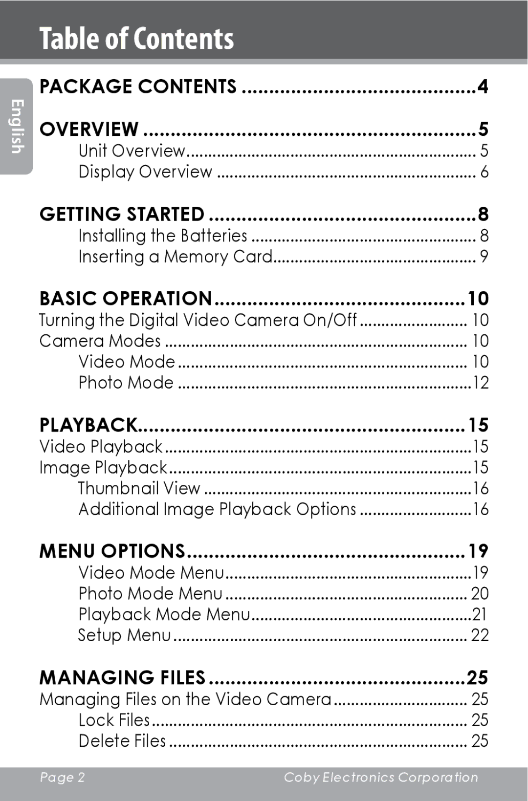 COBY electronic CAM4000 instruction manual Table of Contents 