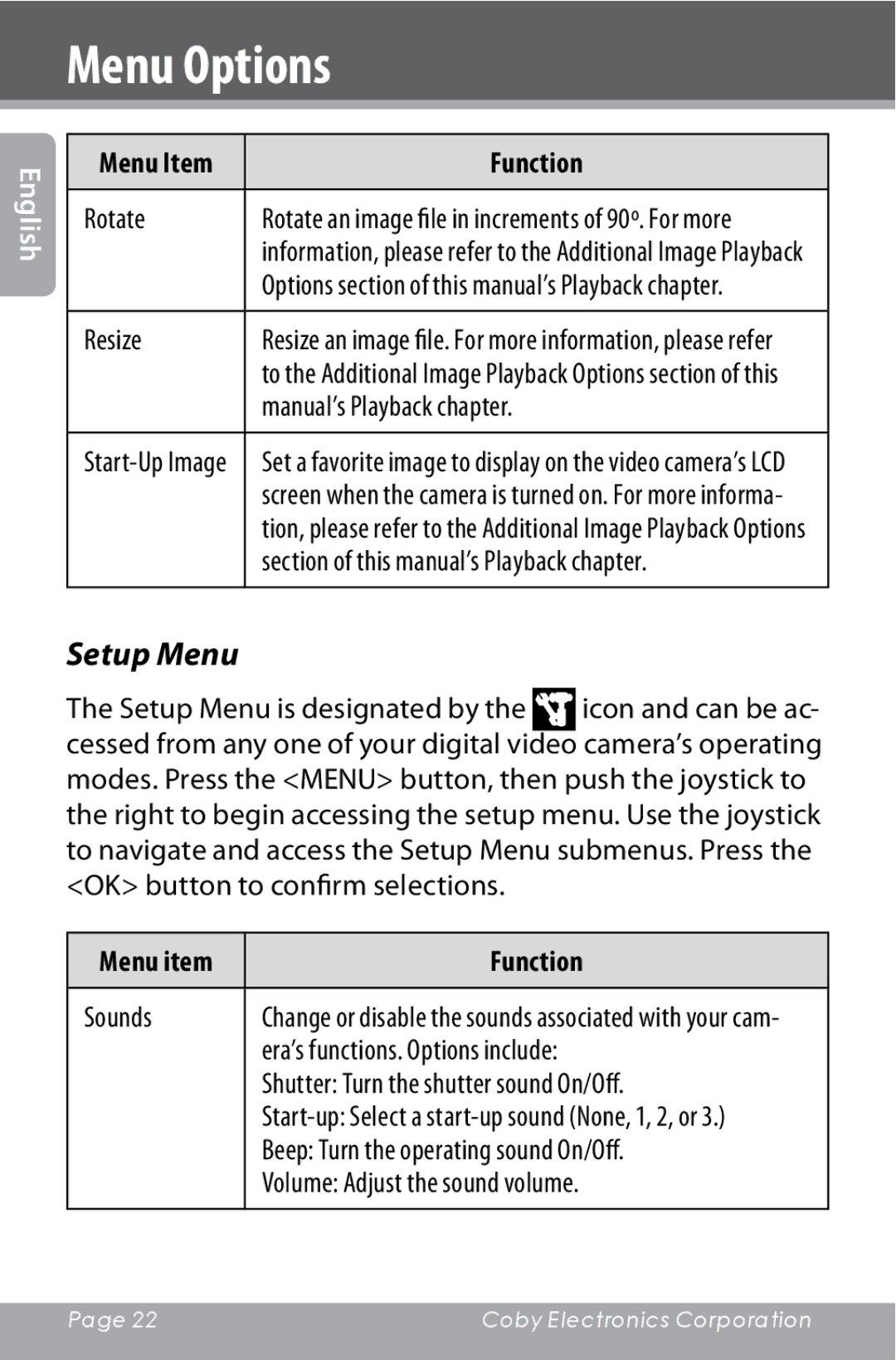 COBY electronic CAM4000 instruction manual Setup Menu 