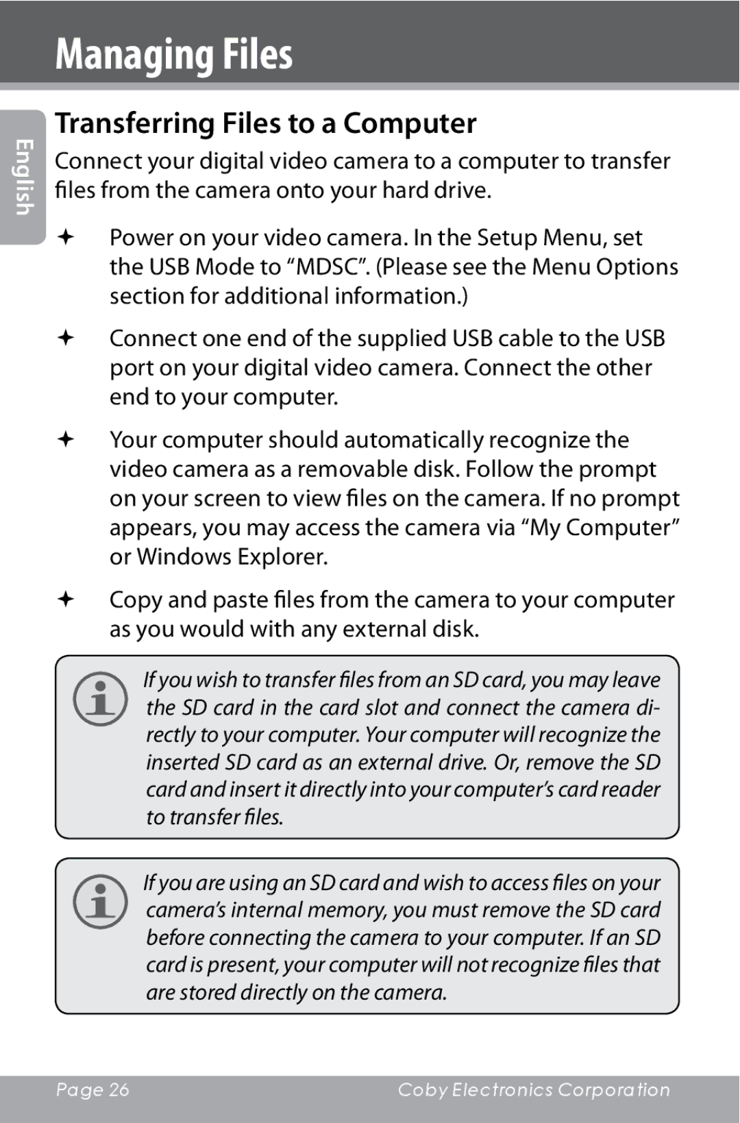 COBY electronic CAM4000 instruction manual Transferring Files to a Computer 