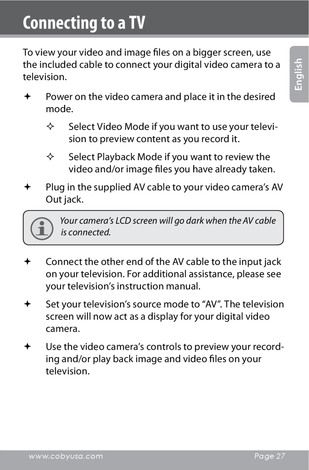 COBY electronic CAM4000 instruction manual Connecting to a TV 