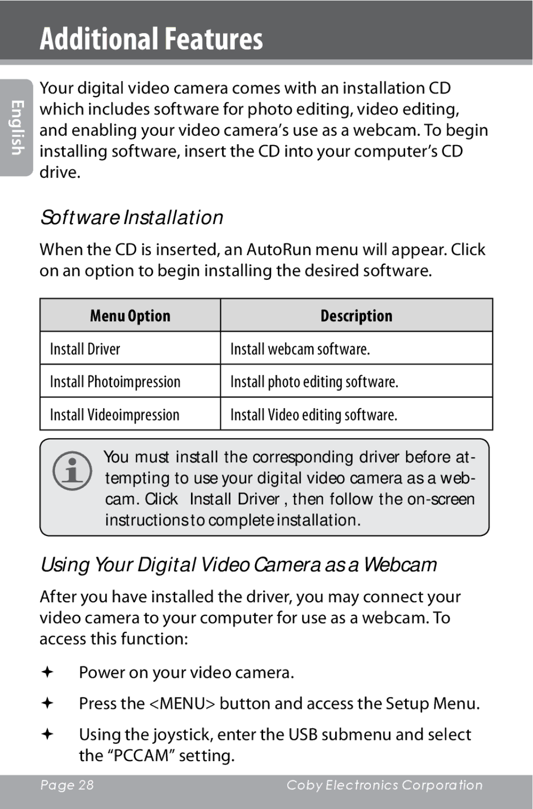 COBY electronic CAM4000 Additional Features, Software Installation, Using Your Digital Video Camera as a Webcam 