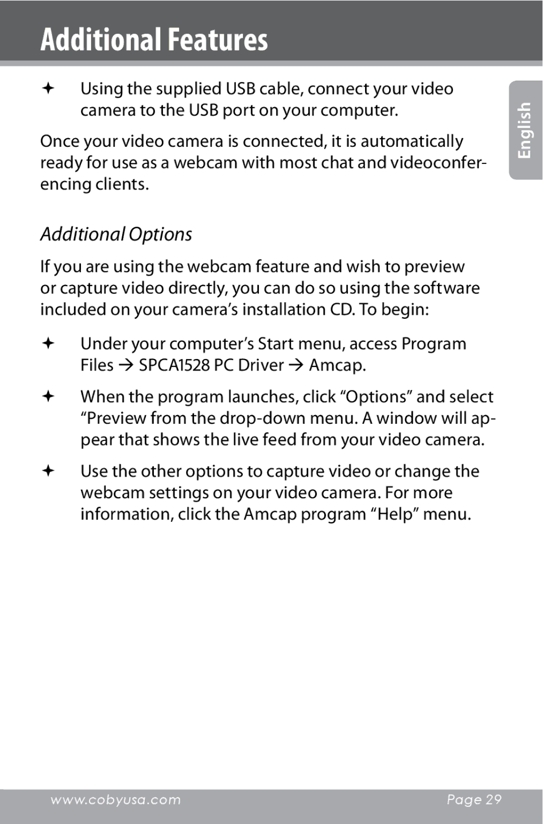 COBY electronic CAM4000 instruction manual Additional Options 