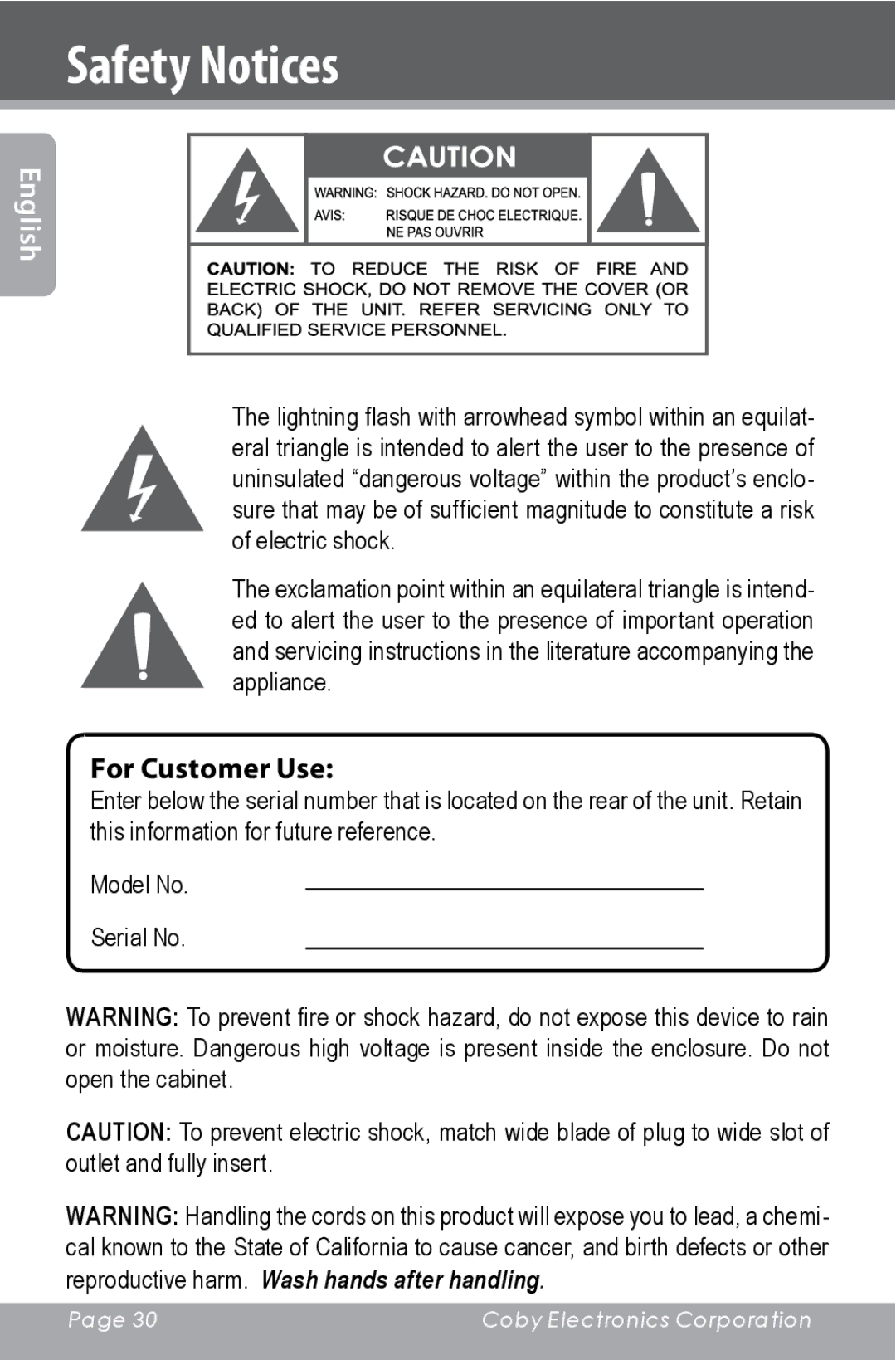 COBY electronic CAM4000 instruction manual Safety Notices, For Customer Use 