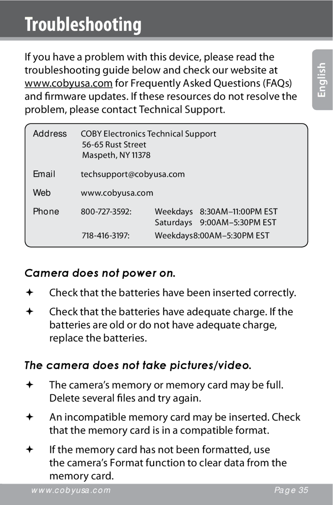 COBY electronic CAM4000 instruction manual Troubleshooting, Camera does not power on, Camera does not take pictures/video 