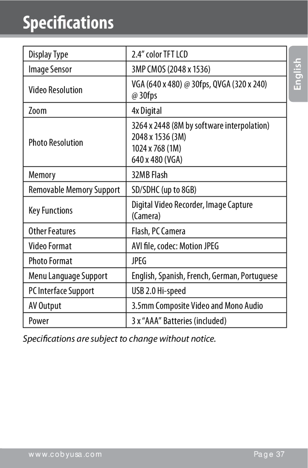 COBY electronic CAM4000 instruction manual Specifications, Display Type Color TFT LCD, Image Sensor 