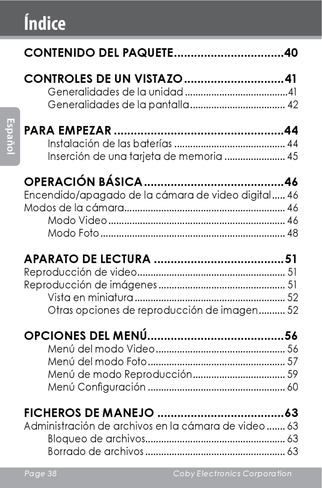 COBY electronic CAM4000 instruction manual Índice, Aparato de lectura 