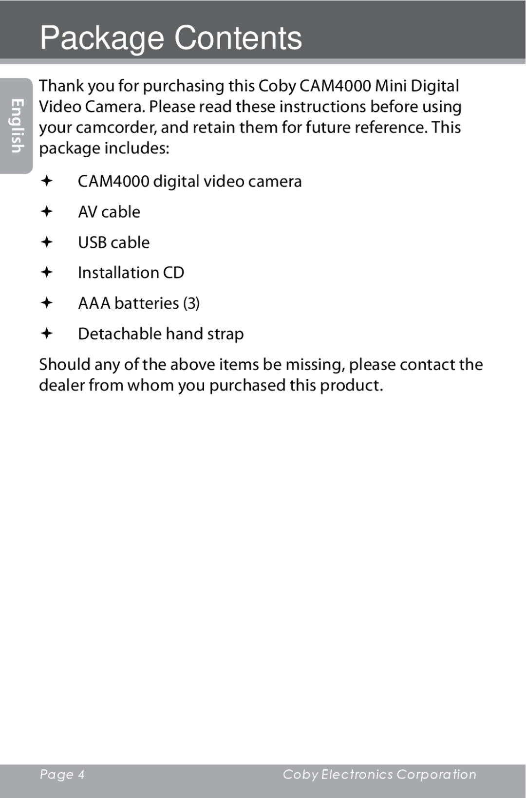 COBY electronic CAM4000 instruction manual Package Contents 