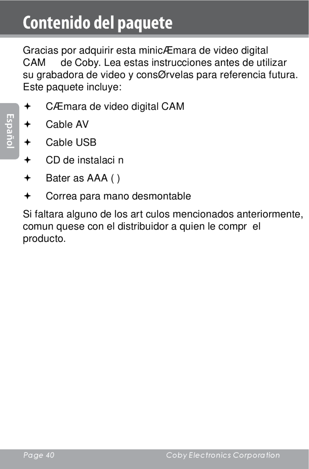 COBY electronic CAM4000 instruction manual Contenido del paquete 