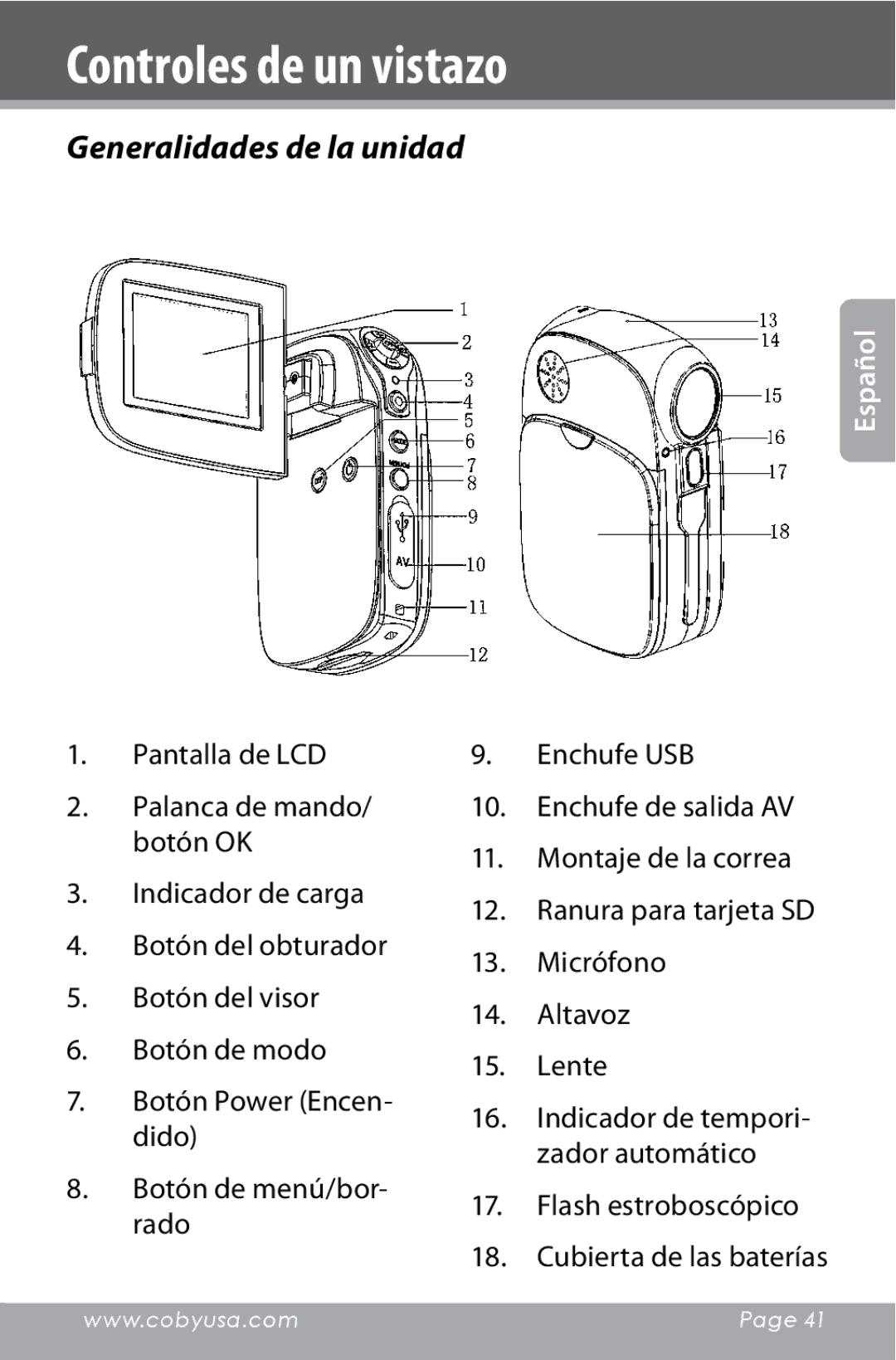 COBY electronic CAM4000 instruction manual Controles de un vistazo, Generalidades de la unidad 