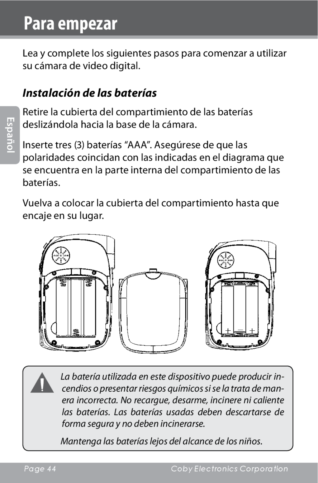 COBY electronic CAM4000 instruction manual Para empezar, Instalación de las baterías 