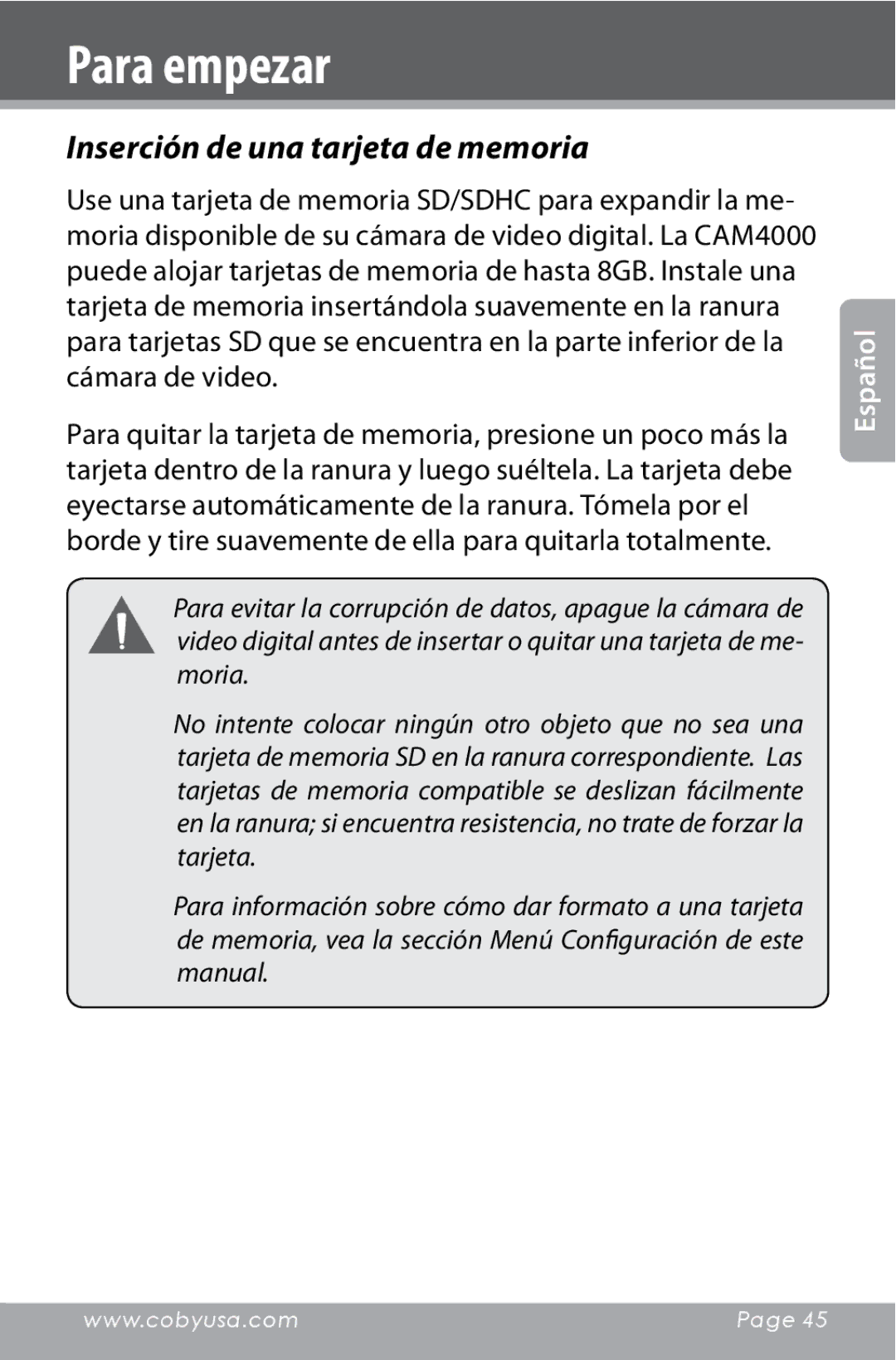 COBY electronic CAM4000 instruction manual Inserción de una tarjeta de memoria 