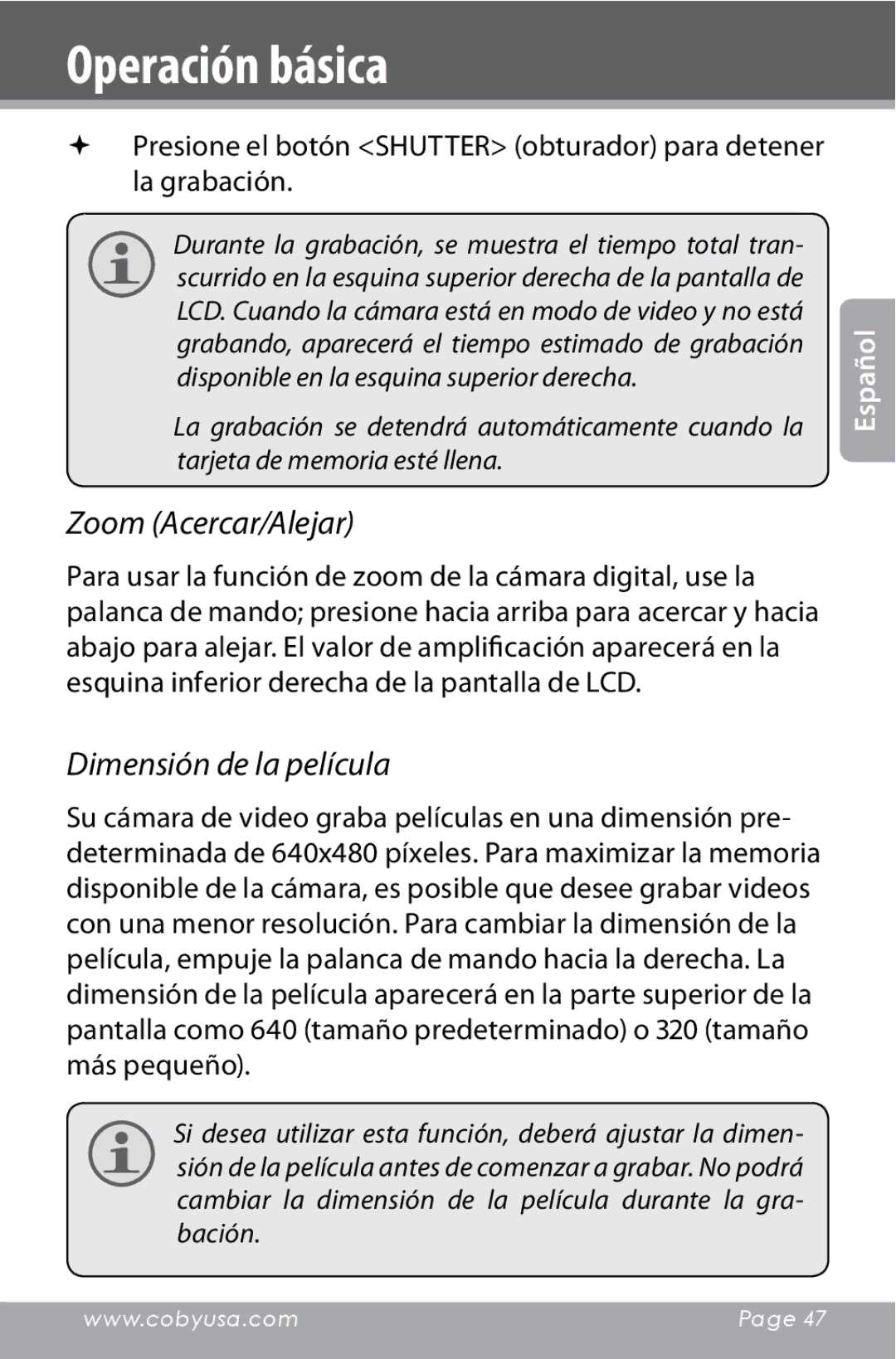 COBY electronic CAM4000 instruction manual Zoom Acercar/Alejar, Dimensión de la película 