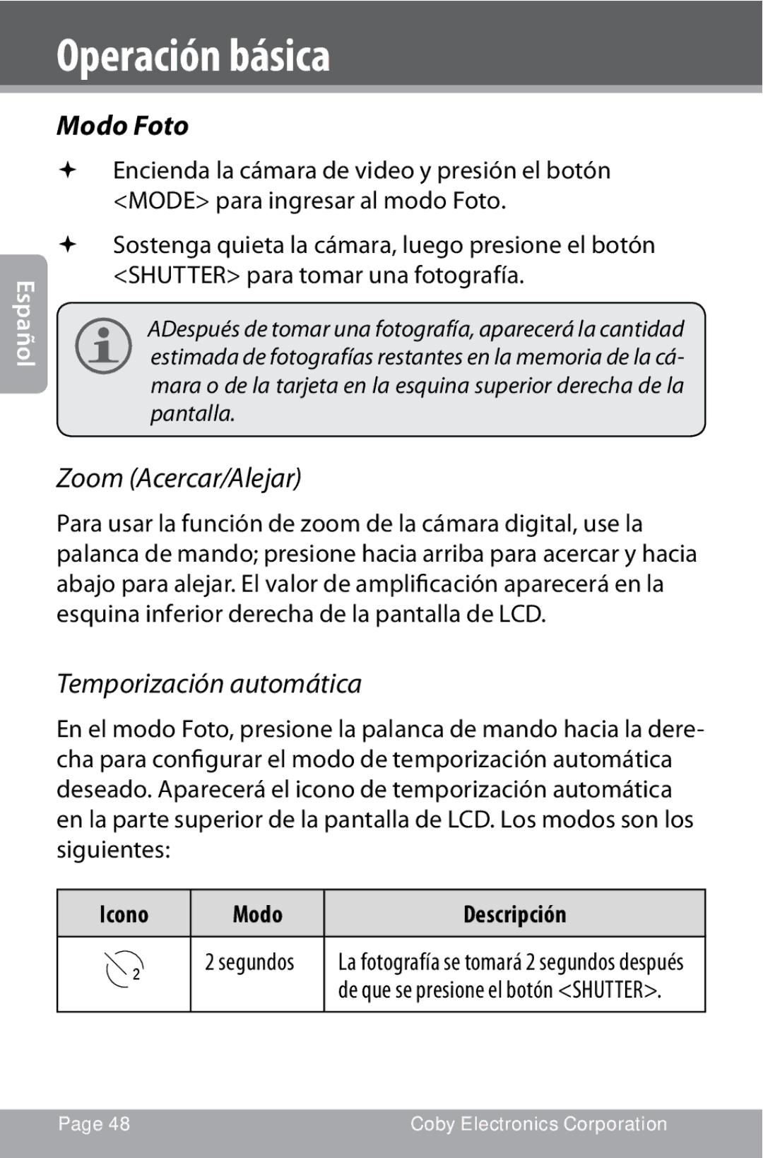 COBY electronic CAM4000 instruction manual Modo Foto, Temporización automática, Icono Modo Descripción 