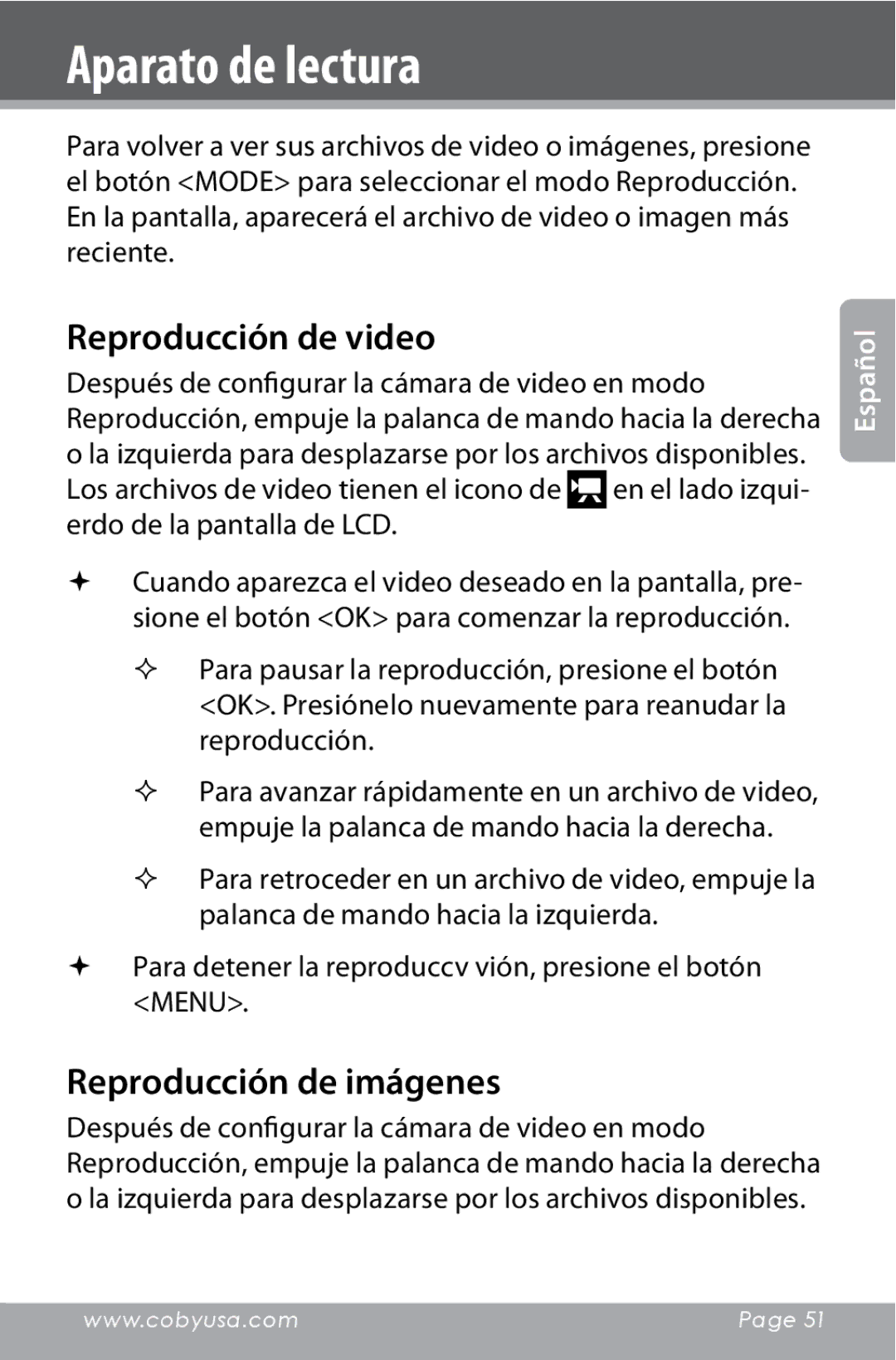 COBY electronic CAM4000 instruction manual Aparato de lectura, Reproducción de video, Reproducción de imágenes 