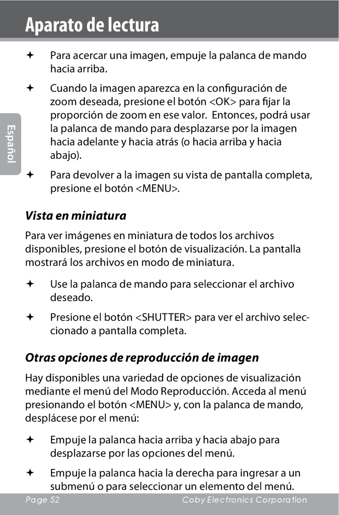 COBY electronic CAM4000 instruction manual Vista en miniatura, Otras opciones de reproducción de imagen 