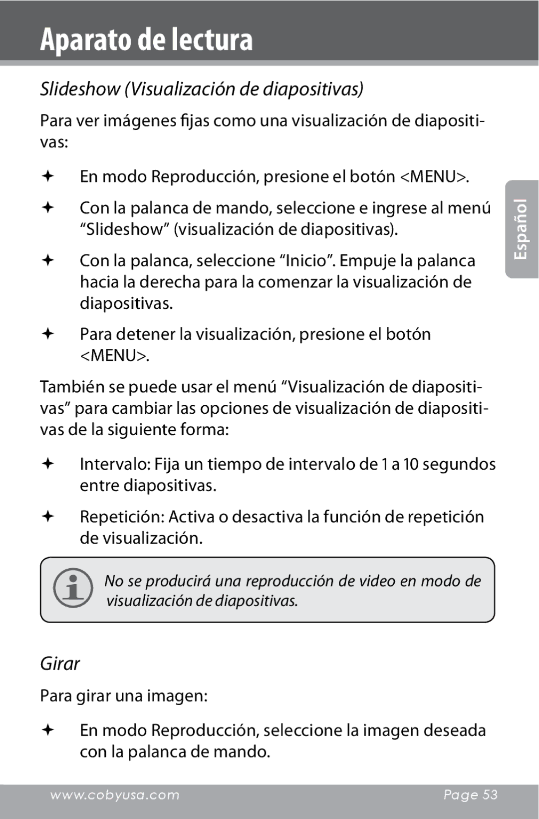 COBY electronic CAM4000 instruction manual Slideshow Visualización de diapositivas, Girar 