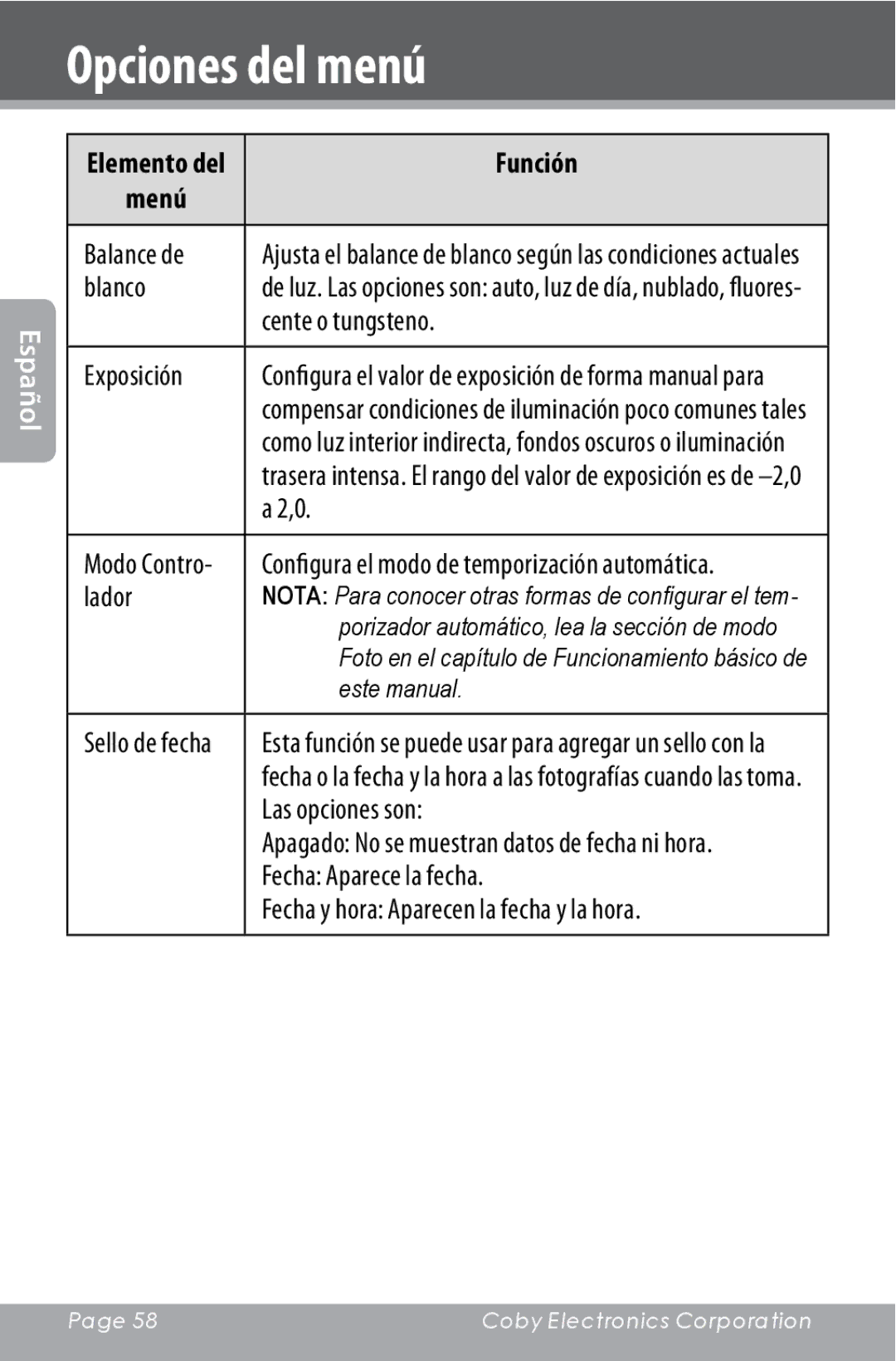 COBY electronic CAM4000 instruction manual Exposición, Lador, Las opciones son, Fecha Aparece la fecha 