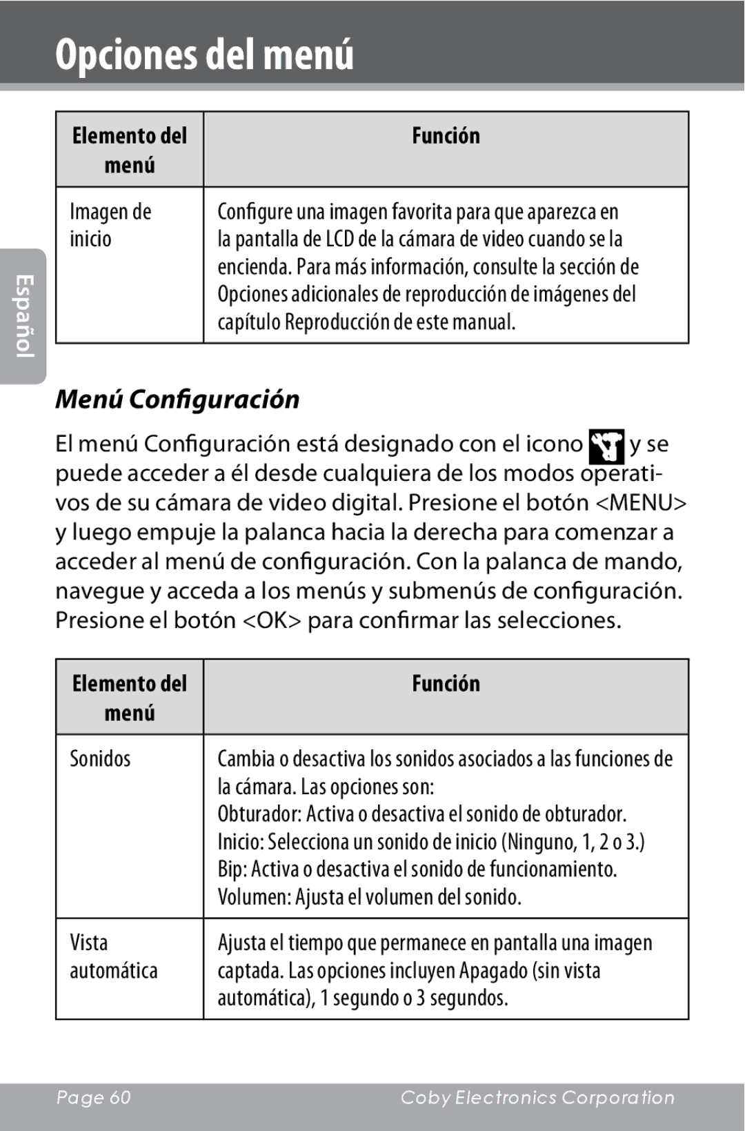 COBY electronic CAM4000 instruction manual Menú Configuración 