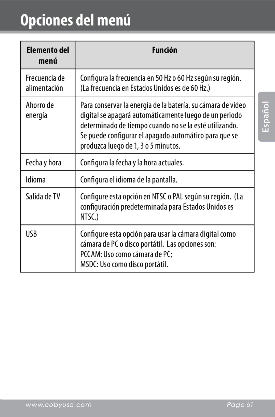 COBY electronic CAM4000 Ahorro de, Energía, Produzca luego de 1, 3 o 5 minutos, Configura la fecha y la hora actuales 